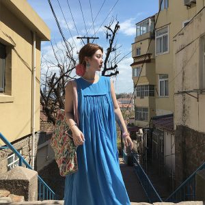 Blue Island Pink Makeup Retro Linen Vest Dress - Women's Summer Micro-Pleated A-Line Midi Dress, Vintage Style Fashion