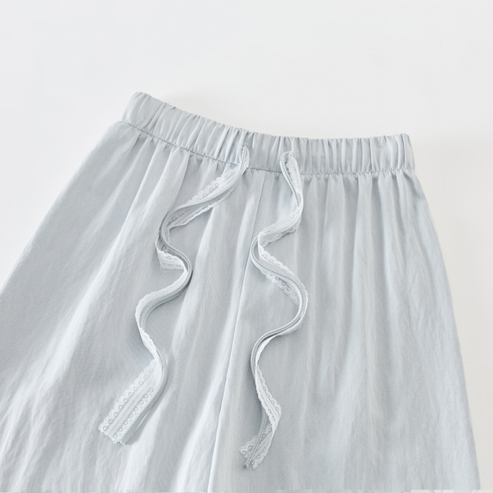 Blue Lace Drawstring High-Waisted Wide-Leg Ice Silk Cotton Linen Pants for Women - Summer Casual Floor-Length Trousers