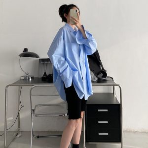 Blue Long Sleeve Shirt for Women - Thin Korean Style Blouse, Loose Casual Spring Autumn Top with Sun Grapefruit Design