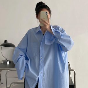 Blue Long Sleeve Shirt for Women - Thin Korean Style Blouse, Loose Casual Spring Autumn Top with Sun Grapefruit Design