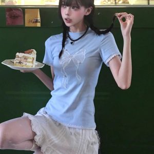 Blue Off-Shoulder Short Sleeve Summer T-Shirt for Women with Bow Lace, Slim Fit Flattering Sweet & Spicy Jazz Top