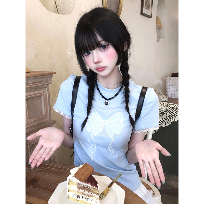 Blue Off-Shoulder Short Sleeve Summer T-Shirt for Women with Bow Lace, Slim Fit Flattering Sweet & Spicy Jazz Top