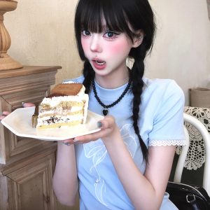 Blue Off-Shoulder Short Sleeve Summer T-Shirt for Women with Bow Lace, Slim Fit Flattering Sweet & Spicy Jazz Top