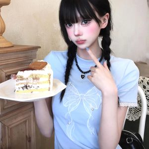 Blue Off-Shoulder Short Sleeve Summer T-Shirt for Women with Bow Lace, Slim Fit Flattering Sweet & Spicy Jazz Top