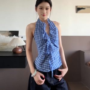 Blue Plaid Halter Neck Vest for Women - Summer Fitted V-Neck Sleeveless Top, Trendy and Flattering Style