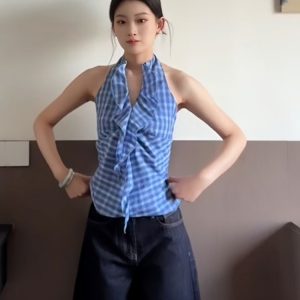 Blue Plaid Halter Neck Vest for Women - Summer Fitted V-Neck Sleeveless Top, Trendy and Flattering Style