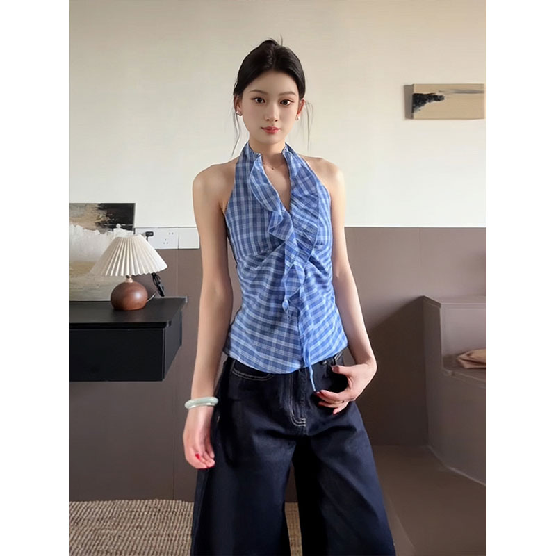 Blue Plaid Halter Neck Vest for Women - Summer Fitted V-Neck Sleeveless Top, Trendy and Flattering Style