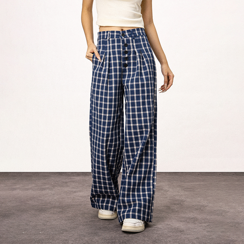 Blue Plaid Straight Leg Pants for Women - Summer Loose Fit BF Style Inspired by Captain Zhao Lusi