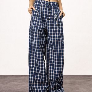 Blue Plaid Straight Leg Pants for Women - Summer Loose Fit BF Style Inspired by Captain Zhao Lusi