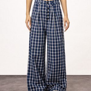 Blue Plaid Straight Leg Pants for Women - Summer Loose Fit BF Style Inspired by Captain Zhao Lusi