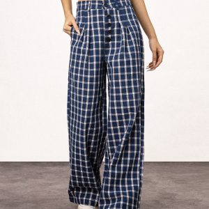 Blue Plaid Straight Leg Pants for Women - Summer Loose Fit BF Style Inspired by Captain Zhao Lusi