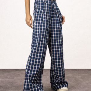 Blue Plaid Straight Leg Pants for Women - Summer Loose Fit BF Style Inspired by Captain Zhao Lusi