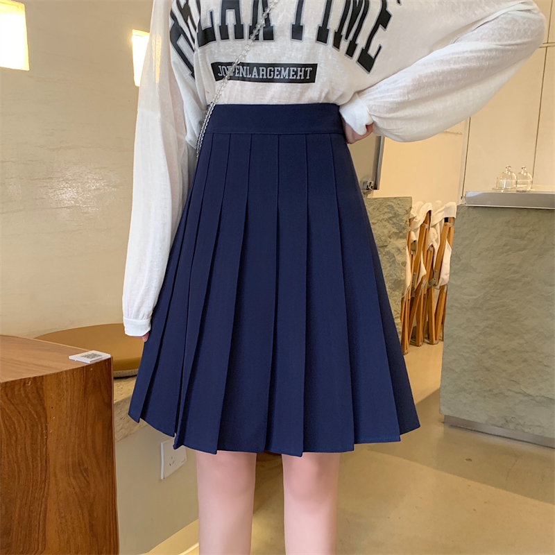 Blue Pleated Mid-Length A-Line Skirt for Spring and Summer, High-Waisted, Hip-Covering, Slimming JK Style Umbrella Skirt