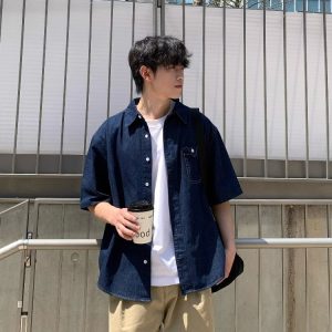 Blue Pocket Denim Short-Sleeve Shirt - American Retro Minimalist Style, Summer Loose Fit, Versatile Casual for Couples and Work