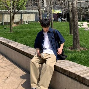 Blue Pocket Denim Short-Sleeve Shirt - American Retro Minimalist Style, Summer Loose Fit, Versatile Casual for Couples and Work