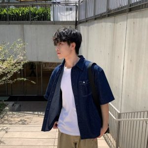 Blue Pocket Denim Short-Sleeve Shirt - American Retro Minimalist Style, Summer Loose Fit, Versatile Casual for Couples and Work