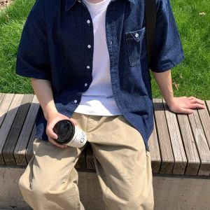 Blue Pocket Denim Short-Sleeve Shirt - American Retro Minimalist Style, Summer Loose Fit, Versatile Casual for Couples and Work