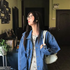 Blue Retro Embroidered Denim Jacket for Women - Vintage Style Loose Lapel Top for Spring Fashion