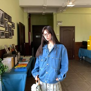 Blue Retro Embroidered Denim Jacket for Women - Vintage Style Loose Lapel Top for Spring Fashion