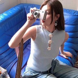 Blue Retro Ice Silk Camisole for Women - Summer Slim Fit Hollow Out Top with Starry River Silver Light Design