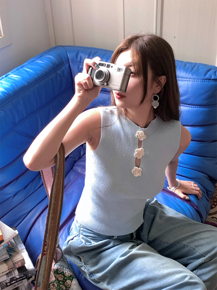 Blue Retro Ice Silk Camisole for Women - Summer Slim Fit Hollow Out Top with Starry River Silver Light Design Blue Retro Ice Silk Camisole for Women - Summer Slim Fit Hollow Out Top with Starry River Silver Light Design