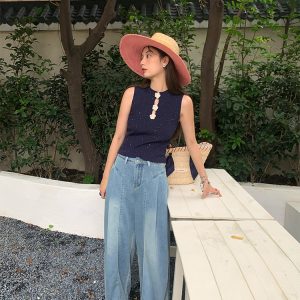 Blue Retro Ice Silk Camisole for Women - Summer Slim Fit Hollow Out Top with Starry River Silver Light Design