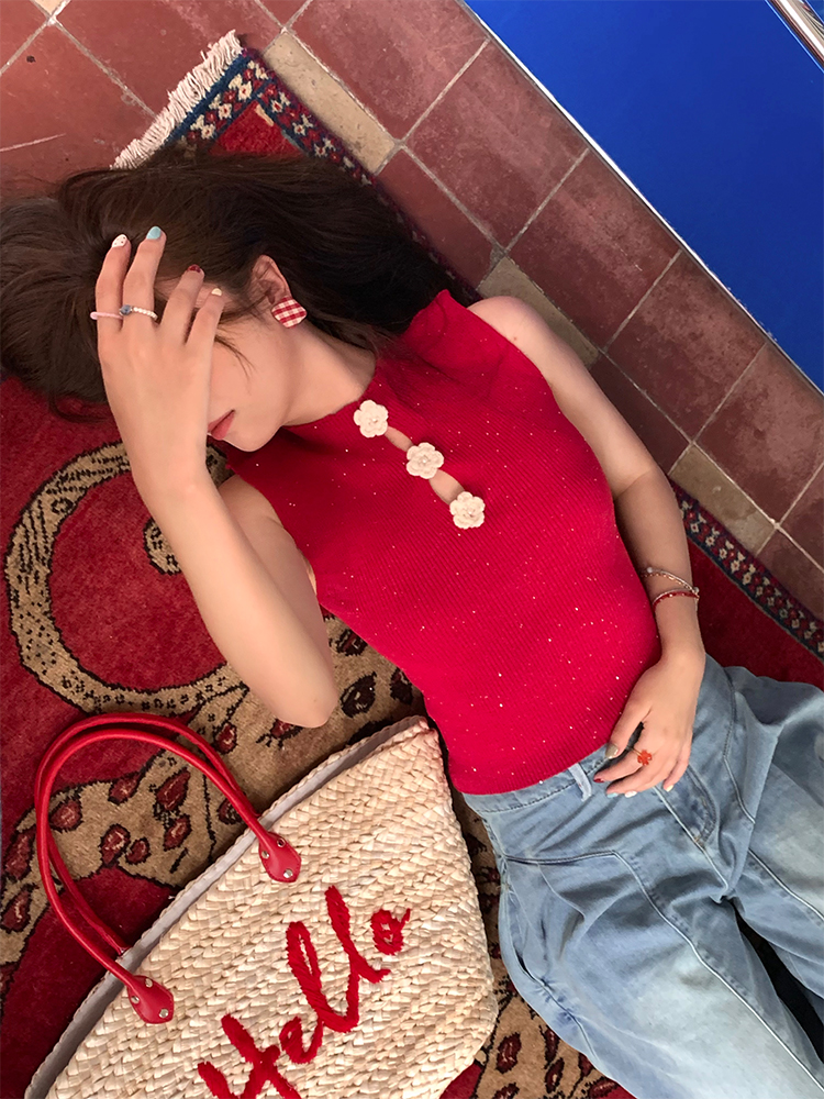 Blue Retro Ice Silk Camisole for Women - Summer Slim Fit Hollow Out Top with Starry River Silver Light Design Blue Retro Ice Silk Camisole for Women - Summer Slim Fit Hollow Out Top with Starry River Silver Light Design