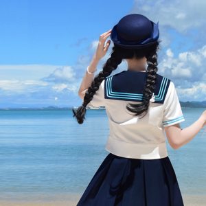Blue Sailor Suit Women's College Style Waist-Defined Shirt - Japanese JK Uniform with Machida Pudding Bear Design for Summer