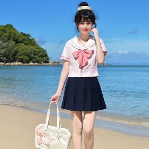 Blue Sailor Suit Women's College Style Waist-Defined Shirt - Japanese JK Uniform with Machida Pudding Bear Design for Summer