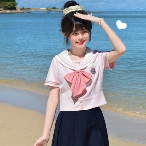 Blue Sailor Suit Women's College Style Waist-Defined Shirt - Japanese JK Uniform with Machida Pudding Bear Design for Summer
