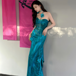 Blue Sea Legend Costume Set - Mother-of-Pearl Corset & Satin Mermaid Skirt - Fishbone Design - Y2K Inspired Fashion