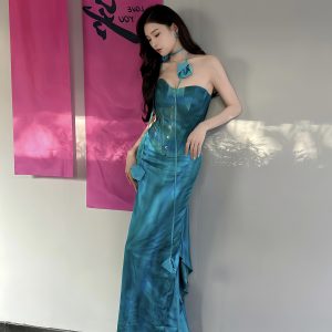 Blue Sea Legend Costume Set - Mother-of-Pearl Corset & Satin Mermaid Skirt - Fishbone Design - Y2K Inspired Fashion