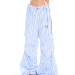 Blue Striped Bow Casual Wide-Leg Pants for Women - Summer Spliced Lace Design, Trendy 90s Inspired Straight-Leg Style