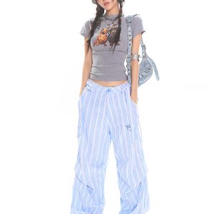 Blue Striped Bow Casual Wide-Leg Pants for Women - Summer Spliced Lace Design, Trendy 90s Inspired Straight-Leg Style