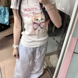 Blue Striped Casual Wide-Leg Pants for Women - Summer Loose Bow Design, Versatile Floor-Length Draping Trousers in American Style