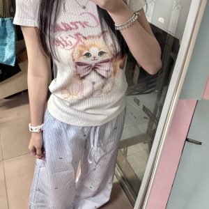 Blue Striped Casual Wide-Leg Pants for Women - Summer Loose Bow Design, Versatile Floor-Length Draping Trousers in American Style