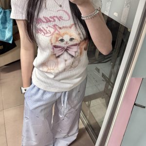 Blue Striped Casual Wide-Leg Pants for Women - Summer Loose Bow Design, Versatile Floor-Length Draping Trousers in American Style