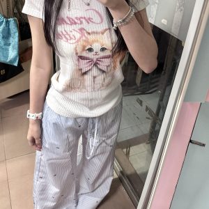 Blue Striped Casual Wide-Leg Pants for Women - Summer Loose Bow Design, Versatile Floor-Length Draping Trousers in American Style