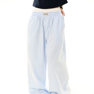 Blue Striped High Waist Slim Straight Leg Casual Pants for Women - Summer Fake Two-Piece Lazy Style Trousers