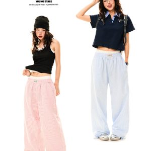 Blue Striped High Waist Slim Straight Leg Casual Pants for Women - Summer Fake Two-Piece Lazy Style Trousers