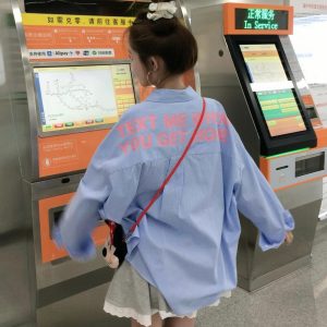 Blue Striped Printed Loose Long Sleeve Shirt with Heartbeat Design for Women - Trendy Y2K Style Top