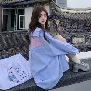 Blue Striped Printed Loose Long Sleeve Shirt with Heartbeat Design for Women - Trendy Y2K Style Top