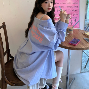 Blue Striped Printed Loose Long Sleeve Shirt with Heartbeat Design for Women - Trendy Y2K Style Top