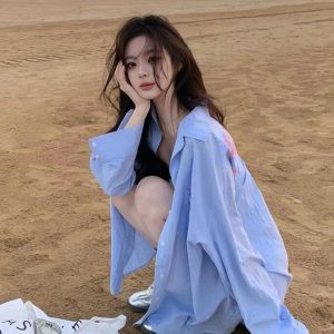 Blue Striped Printed Loose Long Sleeve Shirt with Heartbeat Design for Women - Trendy Y2K Style Top