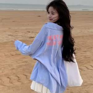 Blue Striped Printed Loose Long Sleeve Shirt with Heartbeat Design for Women - Trendy Y2K Style Top