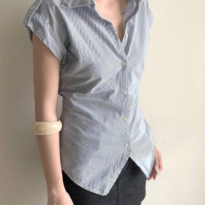 Blue Striped Short Sleeve Button-Up Cardigan Shirt for Women - Summer Waist-Defined French Style Top