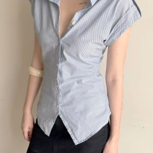 Blue Striped Short Sleeve Button-Up Cardigan Shirt for Women - Summer Waist-Defined French Style Top