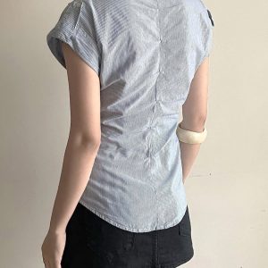 Blue Striped Short Sleeve Button-Up Cardigan Shirt for Women - Summer Waist-Defined French Style Top