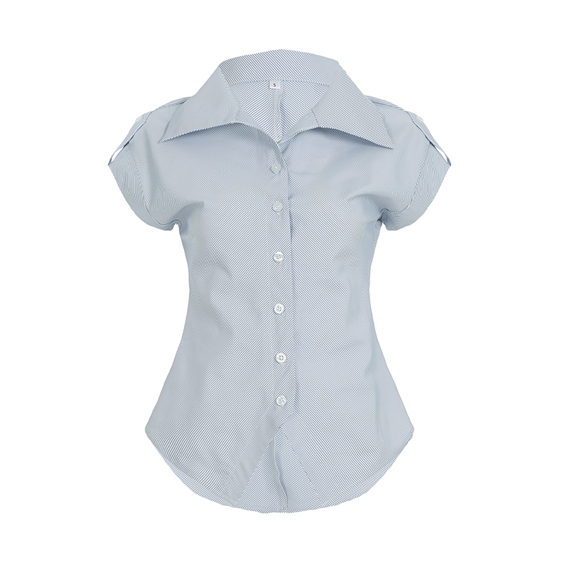 Blue Striped Short Sleeve Button-Up Cardigan Shirt for Women - Summer Waist-Defined French Style Top