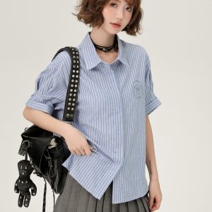 Blue Striped Short Sleeve Shirt for Women, Embroidered Wide Cuff Design, Slimming Summer Style, Trendy Fashion Top